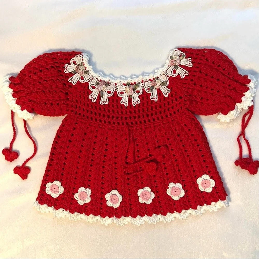 Hand & Heart Handmade Crocheted Red Baby Dress 6M Bows Flowers Appliqué Cotton